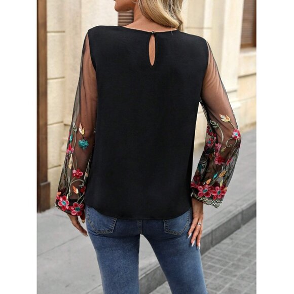 Floral Embroidery Mesh Lockhole Collar Blouse Black - Picture 3 of 8